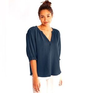 4OUR DREAMERS Cotton Oversized Navy Lightweight Puff Sleeves Gauzy Devon Top S